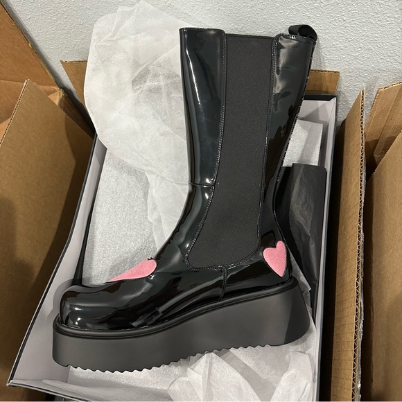 NWT Lamoda Stone Cold Lover Chunky Boots Leather Pink Hearts Chelsea - Picture 4 of 6